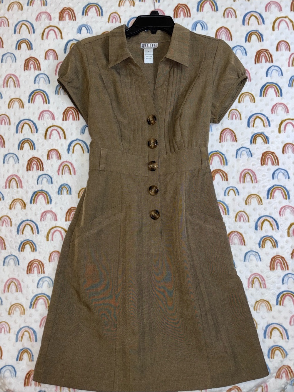 Robbie Bee Olive Brown Short-Sleeve Button Front Dress